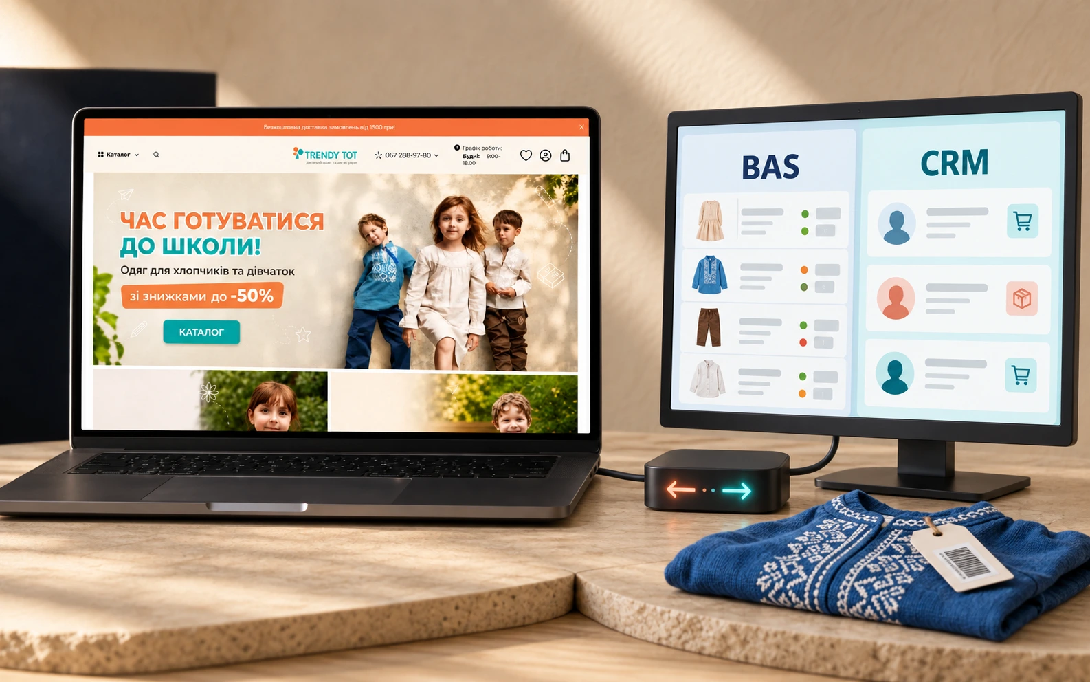 Магазин Trendy Tot на ноутбуке, рядом монитор с BAS и CRM — товары, цены и заказы обмениваются автоматически